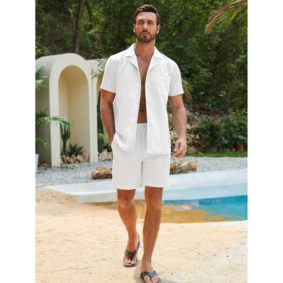 Men White Casual Cuban Lightweight Short Sleeve Button Down Shirt Textured Beach - Picture 4 of 9